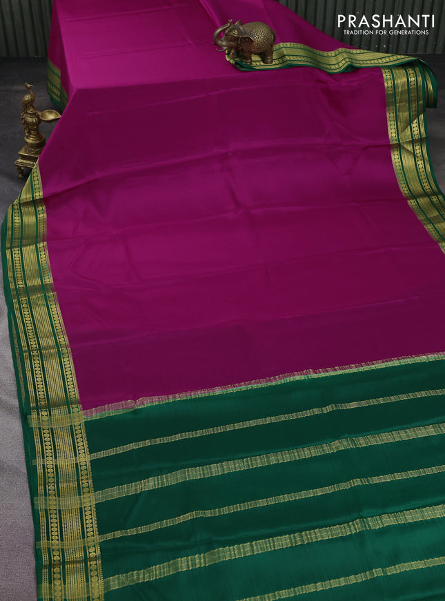 Pure mysore silk saree pink and green with plain body and zari woven border