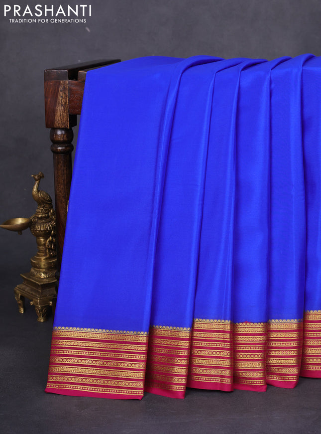 Pure mysore silk saree royal blue and magenta pink with plain body and zari woven border