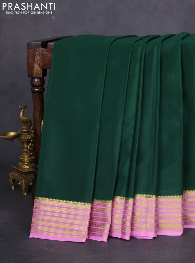 Pure mysore silk saree dark green and pink with plain body and zari woven border