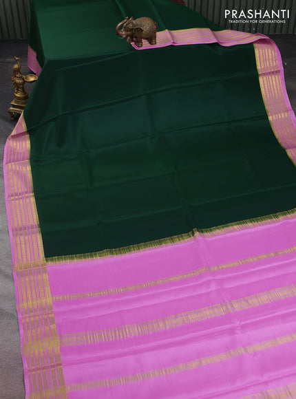 Pure mysore silk saree dark green and pink with plain body and zari woven border