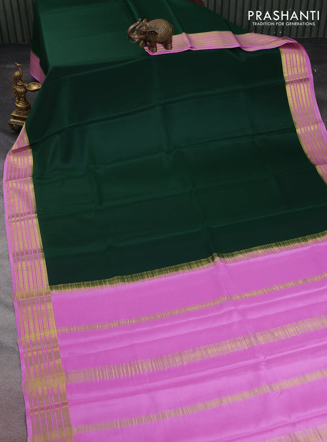 Pure mysore silk saree dark green and pink with plain body and zari woven border