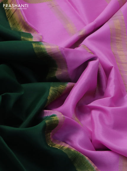 Pure mysore silk saree dark green and pink with plain body and zari woven border