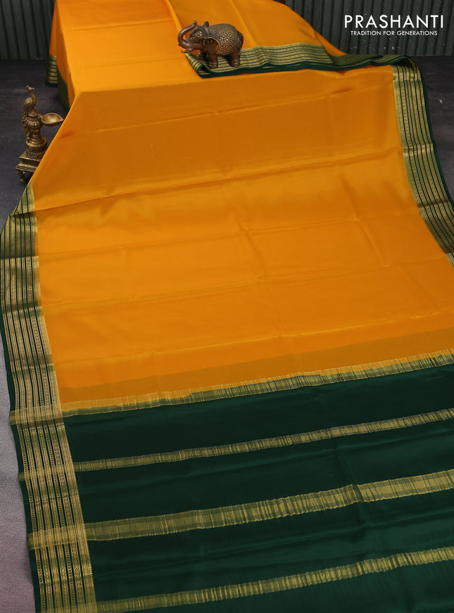 Pure mysore silk saree mango yellow and green with plain body and zari woven border