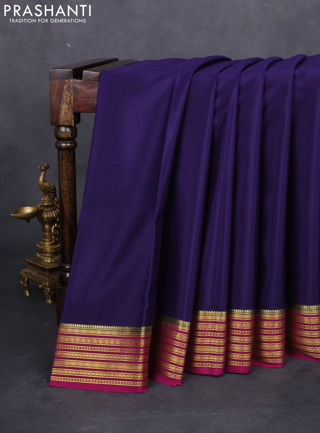 Pure mysore silk saree navy blue and magenta pink with plain body and zari woven border