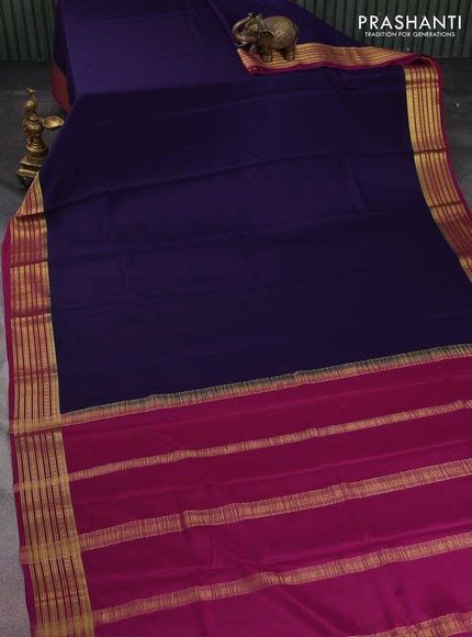 Pure mysore silk saree navy blue and magenta pink with plain body and zari woven border