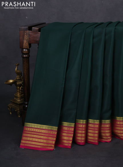 Pure mysore silk saree bottle green and pink with plain body and zari woven border