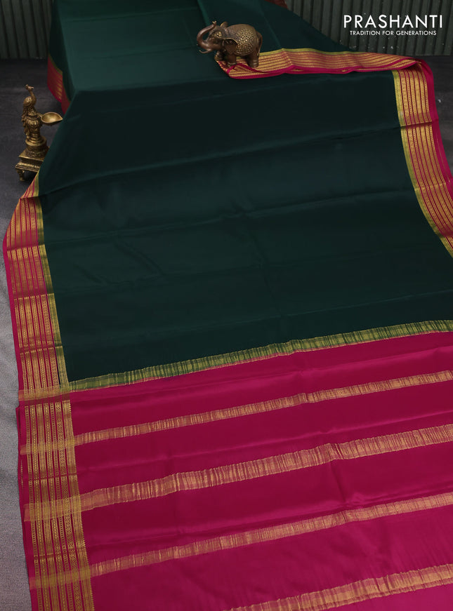 Pure mysore silk saree bottle green and pink with plain body and zari woven border