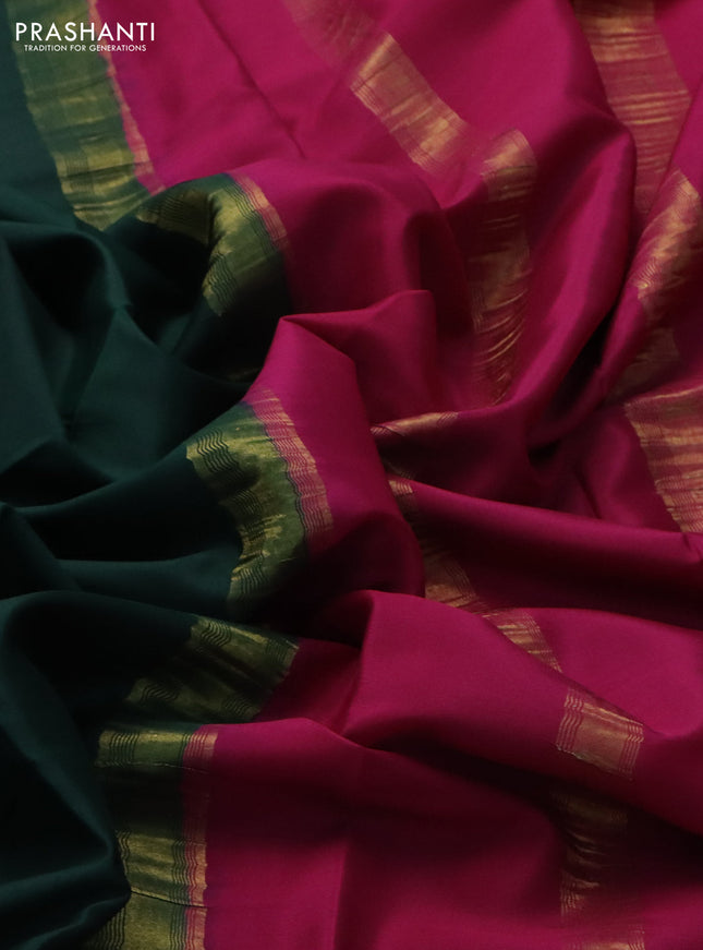 Pure mysore silk saree bottle green and pink with plain body and zari woven border