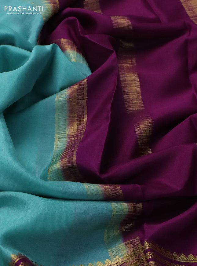 Pure mysore silk saree teal blue and purple with plain body and zari woven border