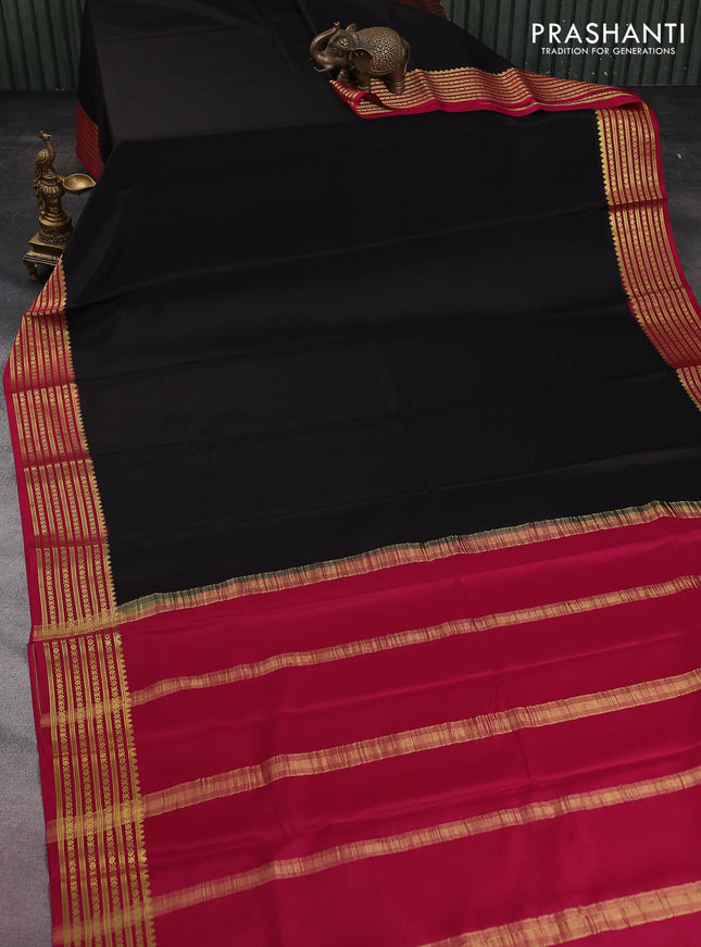 Pure mysore silk saree black and pink with plain body and zari woven border
