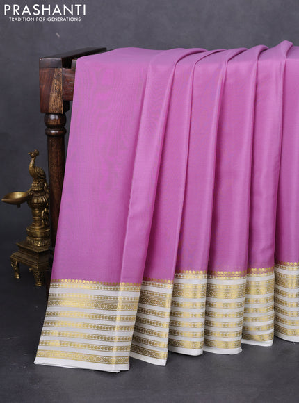 Pure mysore silk saree lavender and off white with plain body and zari woven border