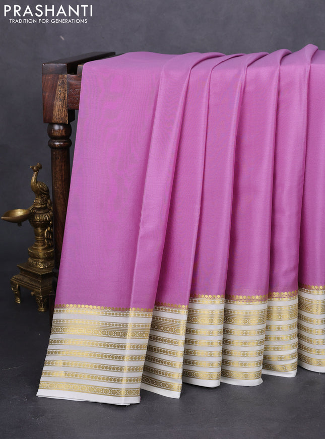 Pure mysore silk saree lavender and off white with plain body and zari woven border
