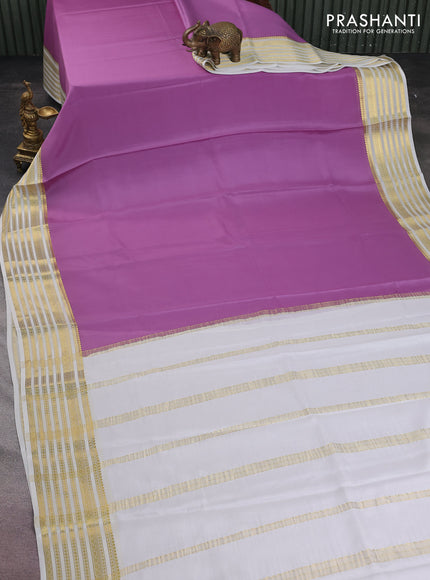 Pure mysore silk saree lavender and off white with plain body and zari woven border
