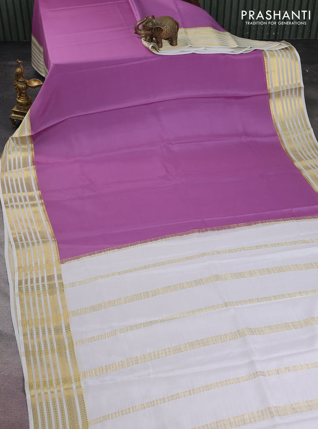 Pure mysore silk saree lavender and off white with plain body and zari woven border