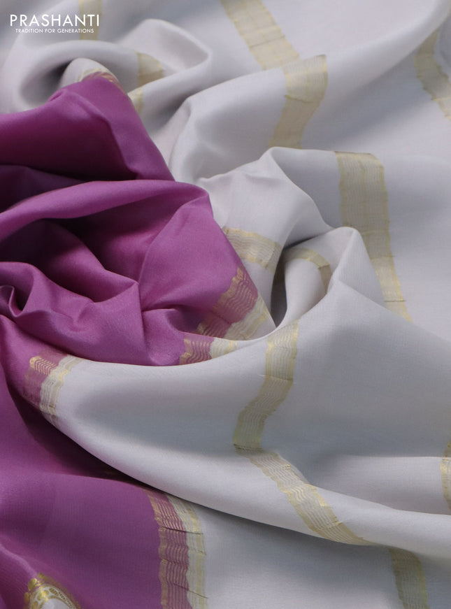 Pure mysore silk saree lavender and off white with plain body and zari woven border