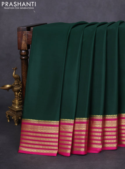 Pure mysore silk saree bottle green and pink with plain body and zari woven border