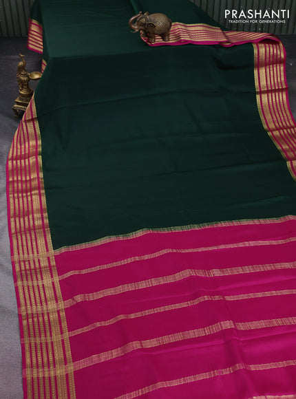 Pure mysore silk saree bottle green and pink with plain body and zari woven border
