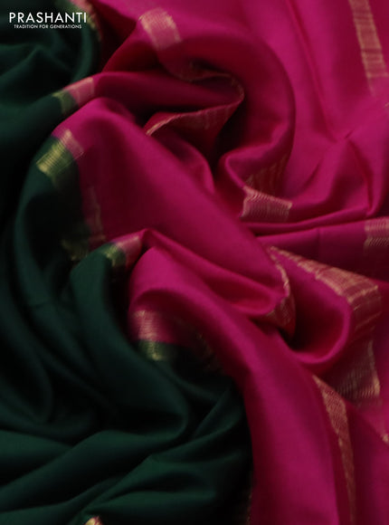Pure mysore silk saree bottle green and pink with plain body and zari woven border