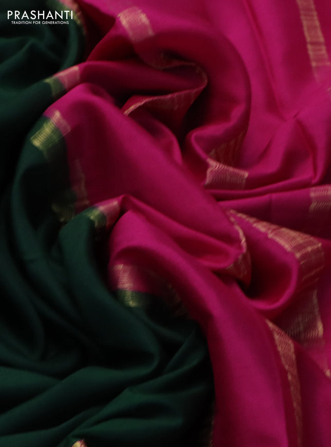 Pure mysore silk saree bottle green and pink with plain body and zari woven border