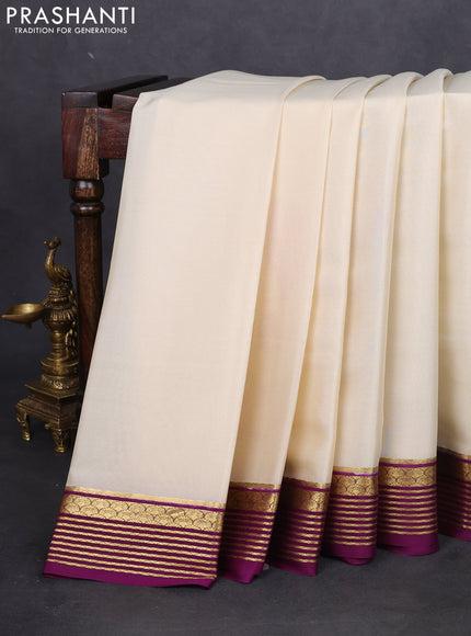 Pure mysore silk saree cream and purple with plain body and zari woven border