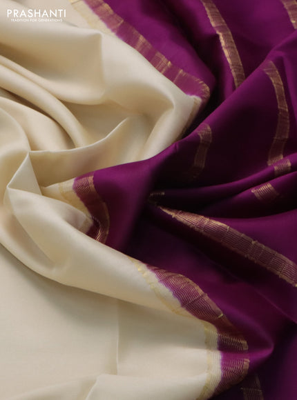 Pure mysore silk saree cream and purple with plain body and zari woven border