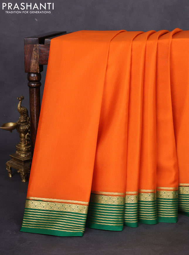 Pure mysore silk saree orange and green with plain body and zari woven border