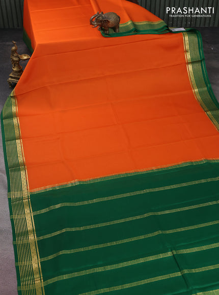 Pure mysore silk saree orange and green with plain body and zari woven border