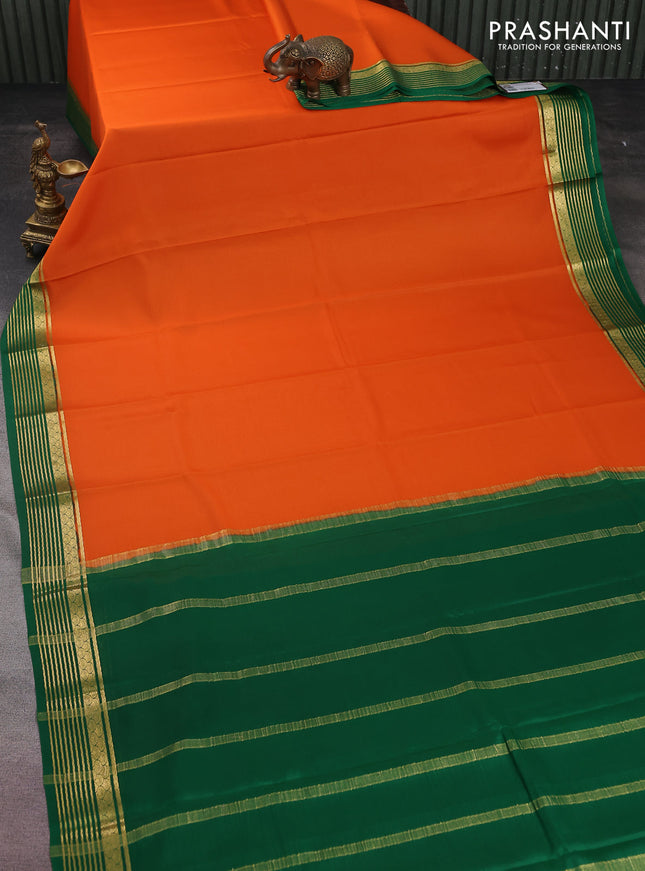 Pure mysore silk saree orange and green with plain body and zari woven border