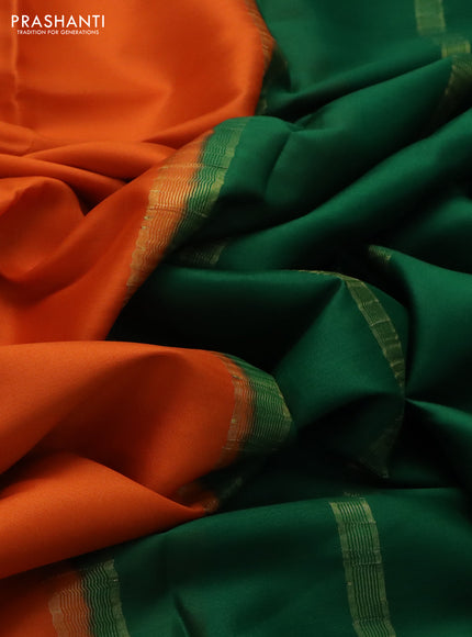 Pure mysore silk saree orange and green with plain body and zari woven border