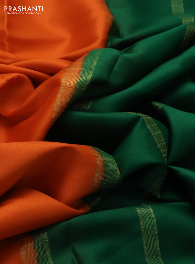 Pure mysore silk saree orange and green with plain body and zari woven border