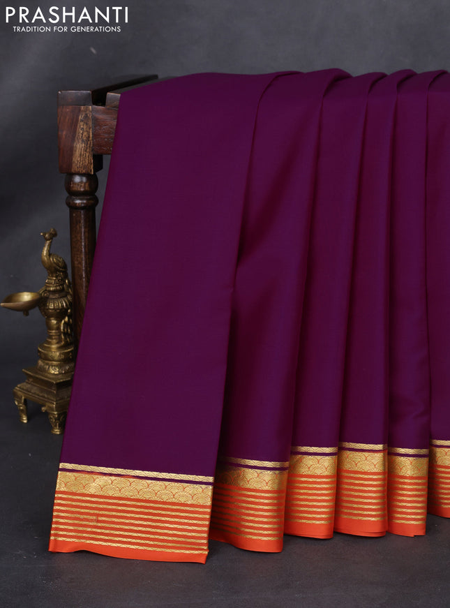 Pure mysore silk saree purple and orange with plain body and zari woven border