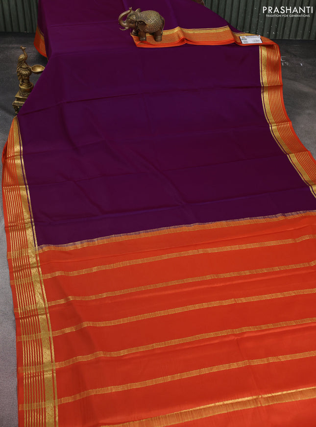 Pure mysore silk saree purple and orange with plain body and zari woven border