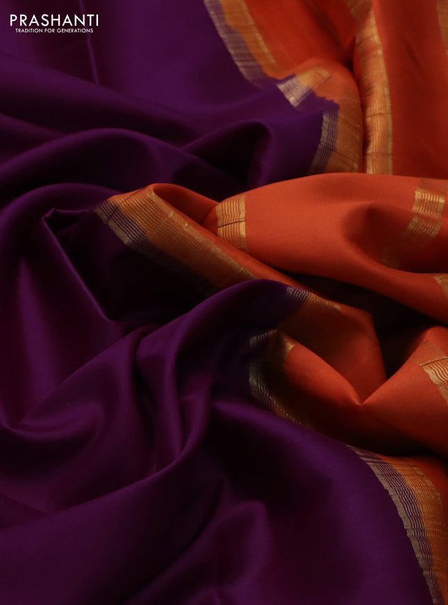 Pure mysore silk saree purple and orange with plain body and zari woven border