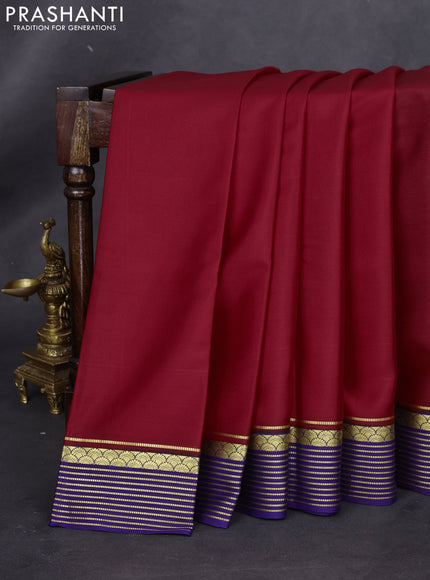Pure mysore silk saree red and blue with plain body and zari woven border
