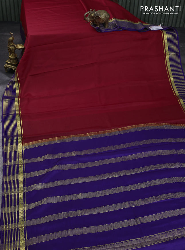 Pure mysore silk saree red and blue with plain body and zari woven border