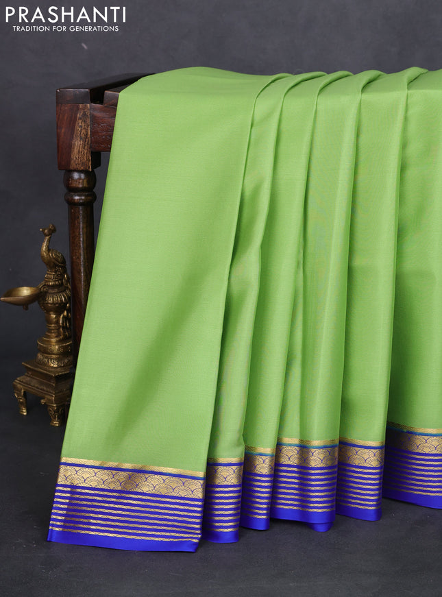 Pure mysore silk saree pista green and blue with plain body and zari woven border