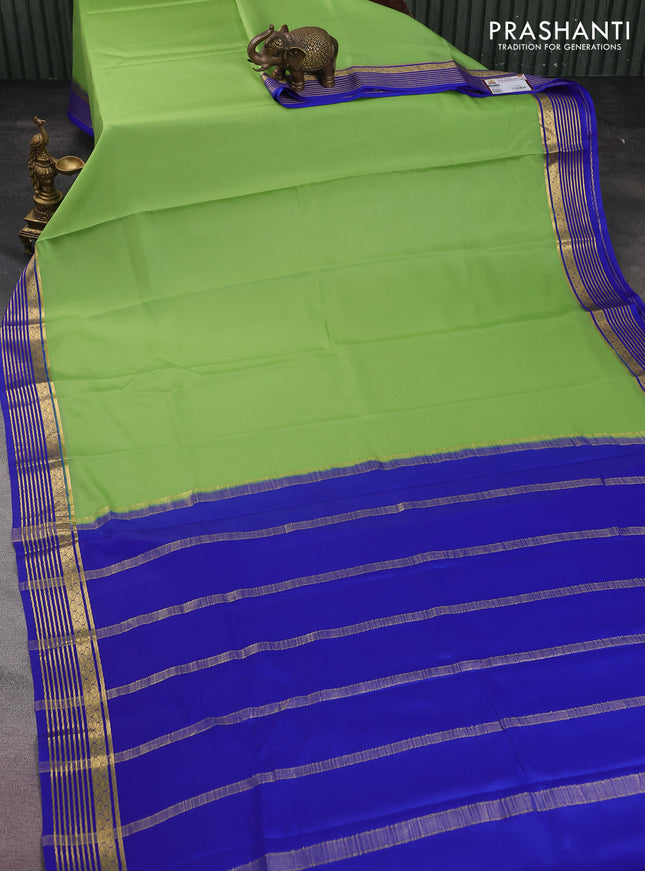 Pure mysore silk saree pista green and blue with plain body and zari woven border