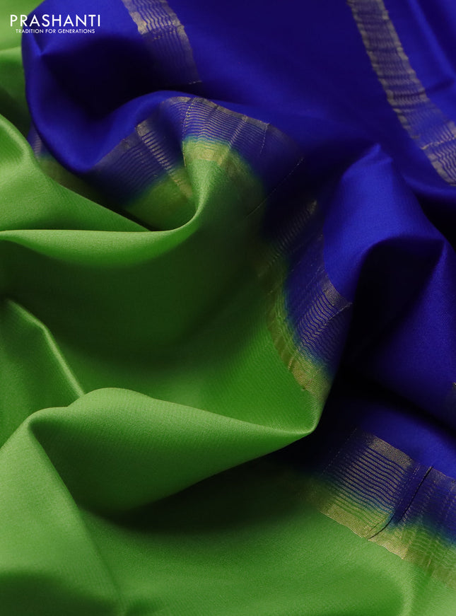 Pure mysore silk saree pista green and blue with plain body and zari woven border