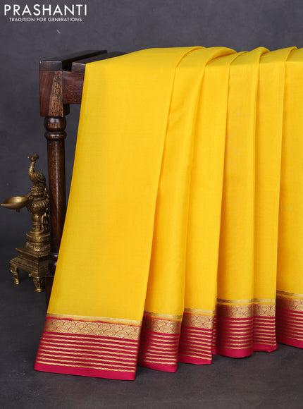 Pure mysore silk saree yellow and dark pink with plain body and zari woven border