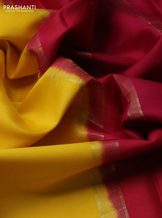 Pure mysore silk saree yellow and dark pink with plain body and zari woven border