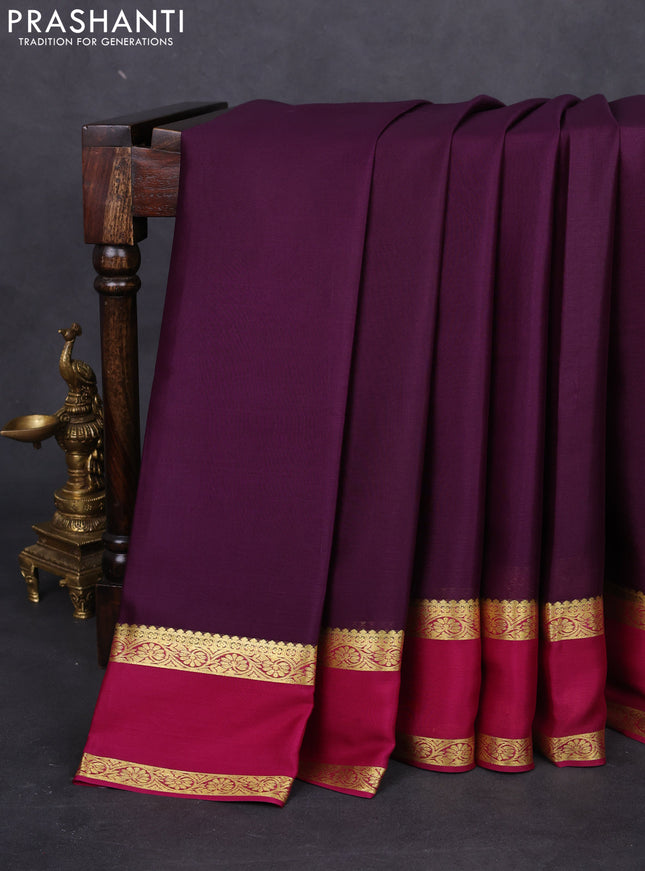 Pure mysore silk saree deep jamun and magenta pink with plain body and rettapet zari woven border