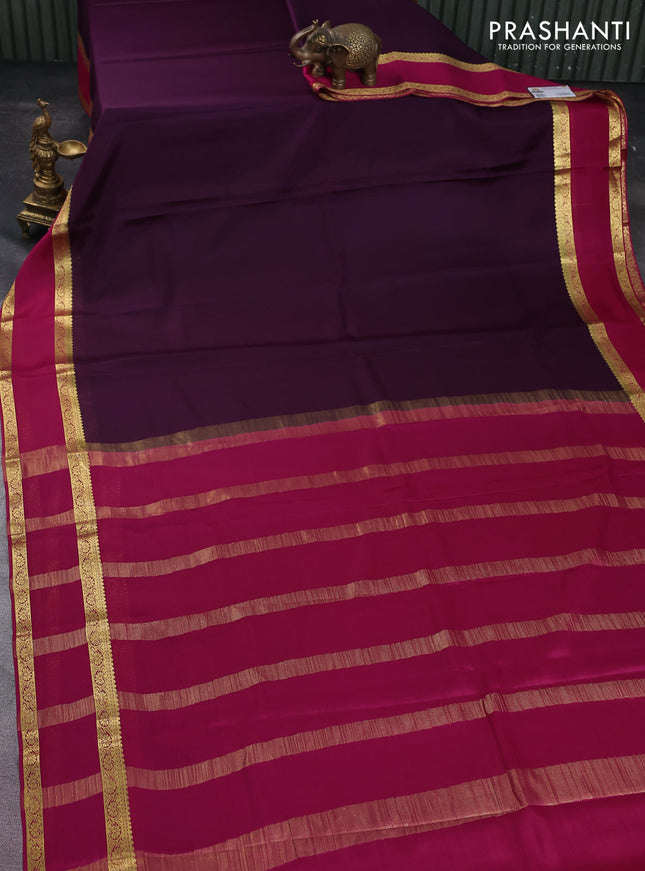 Pure mysore silk saree deep jamun and magenta pink with plain body and rettapet zari woven border