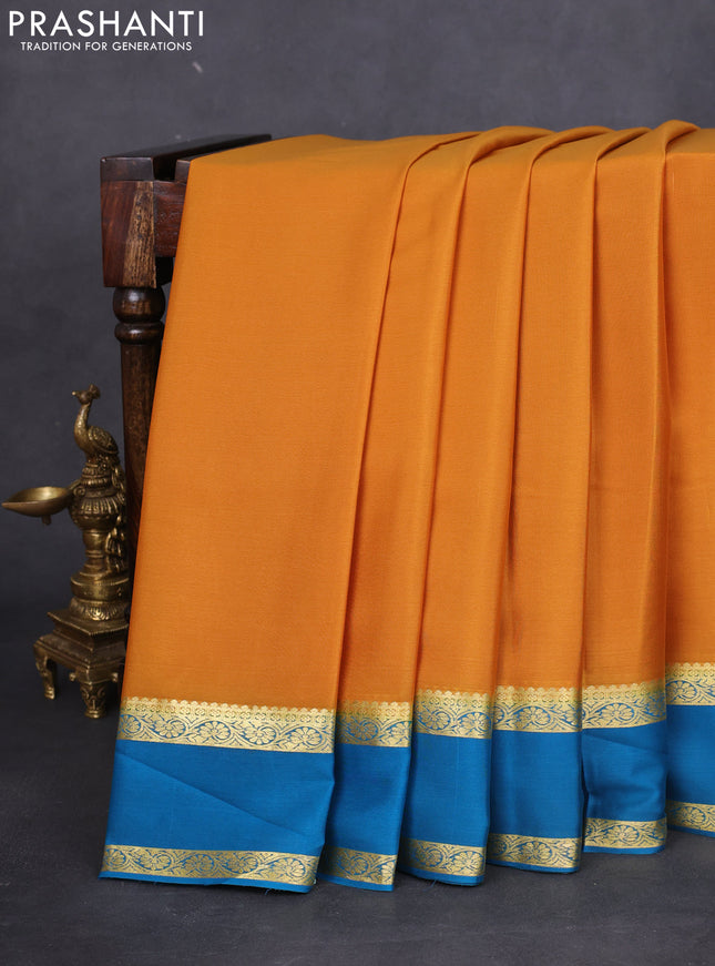 Pure mysore silk saree mustard yelow and cs blue with plain body and rettapet zari woven border