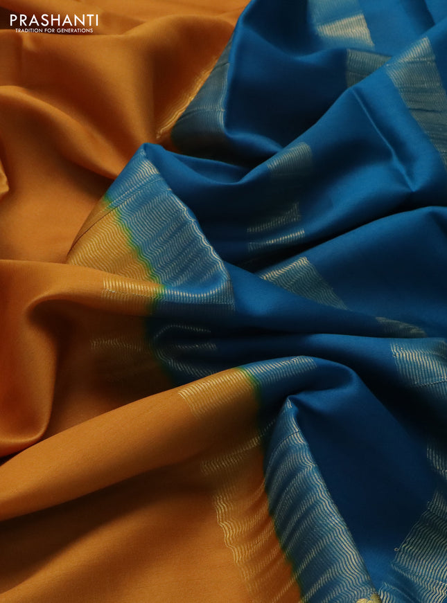Pure mysore silk saree mustard yelow and cs blue with plain body and rettapet zari woven border