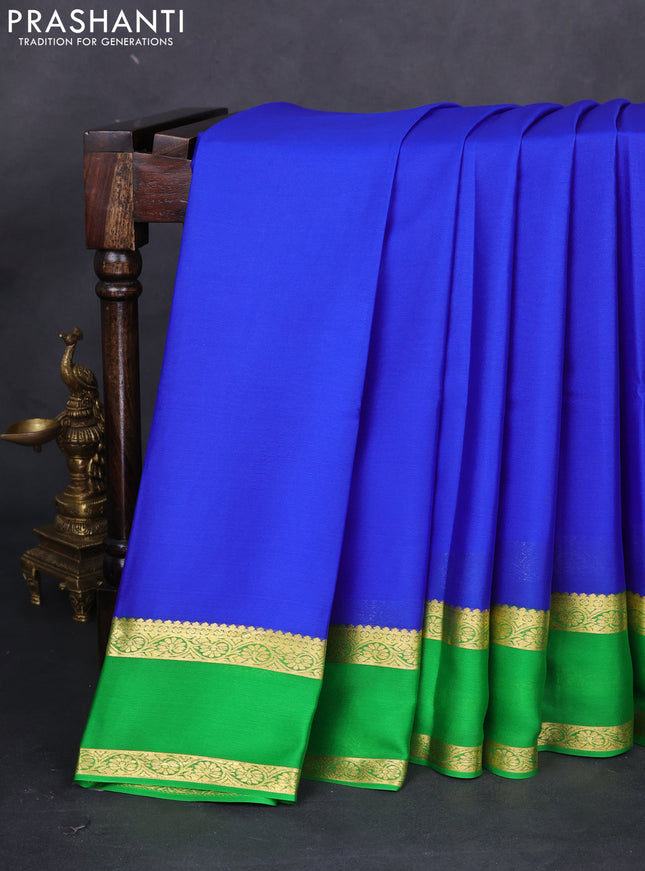 Pure mysore silk saree royal blue and green with plain body and rettapet zari woven border