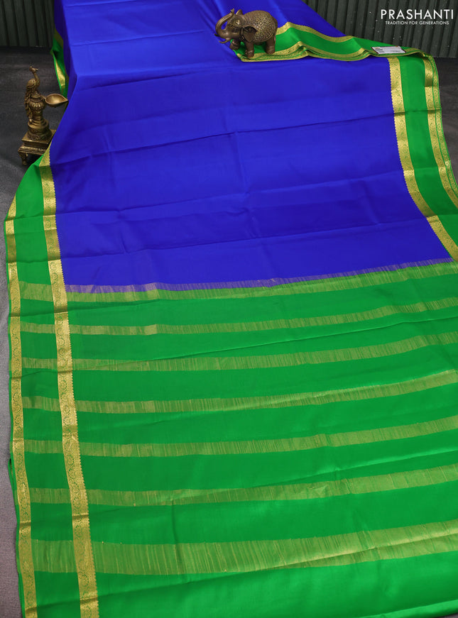 Pure mysore silk saree royal blue and green with plain body and rettapet zari woven border