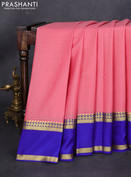 Pure mysore silk saree peach pink and blue with allover small zari checked pattern and rettapet zari woven border