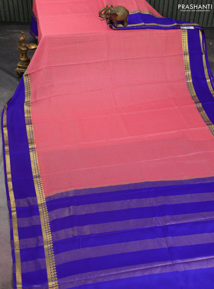 Pure mysore silk saree peach pink and blue with allover small zari checked pattern and rettapet zari woven border