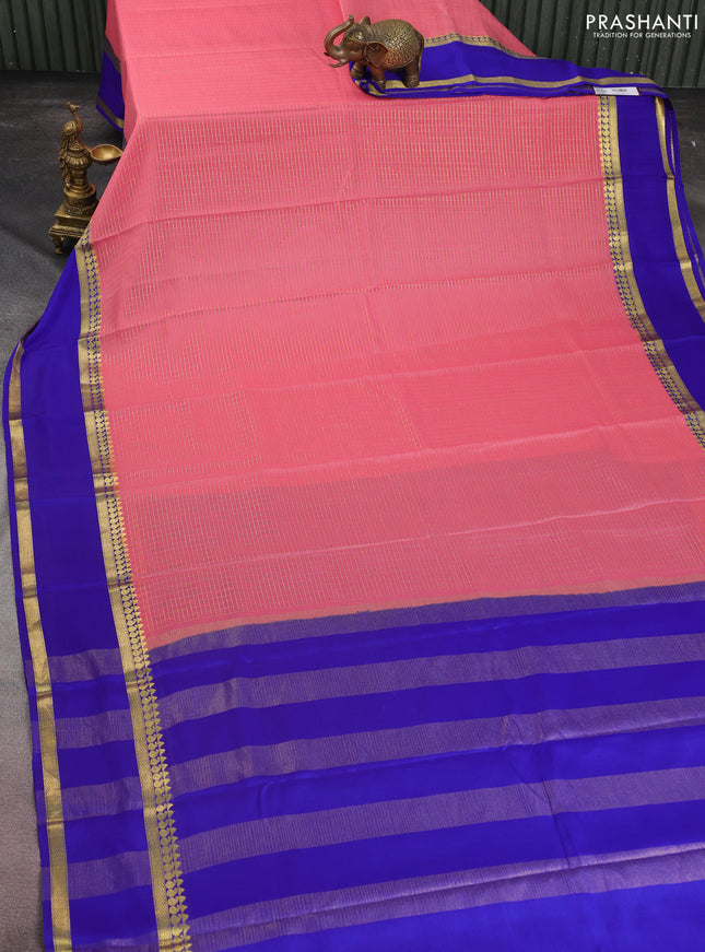 Pure mysore silk saree peach pink and blue with allover small zari checked pattern and rettapet zari woven border