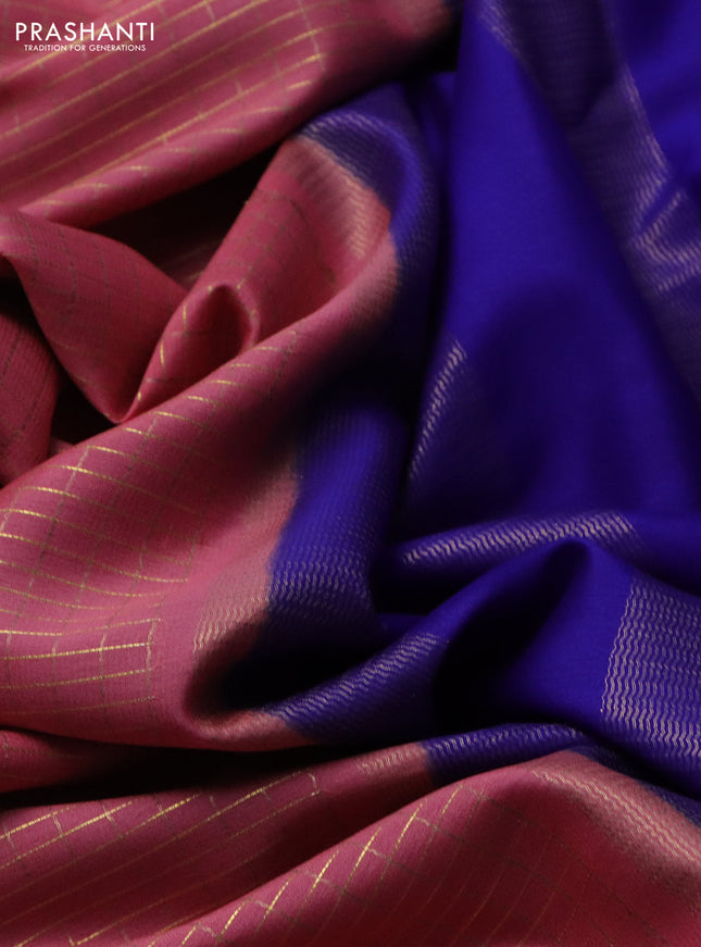 Pure mysore silk saree peach pink and blue with allover small zari checked pattern and rettapet zari woven border